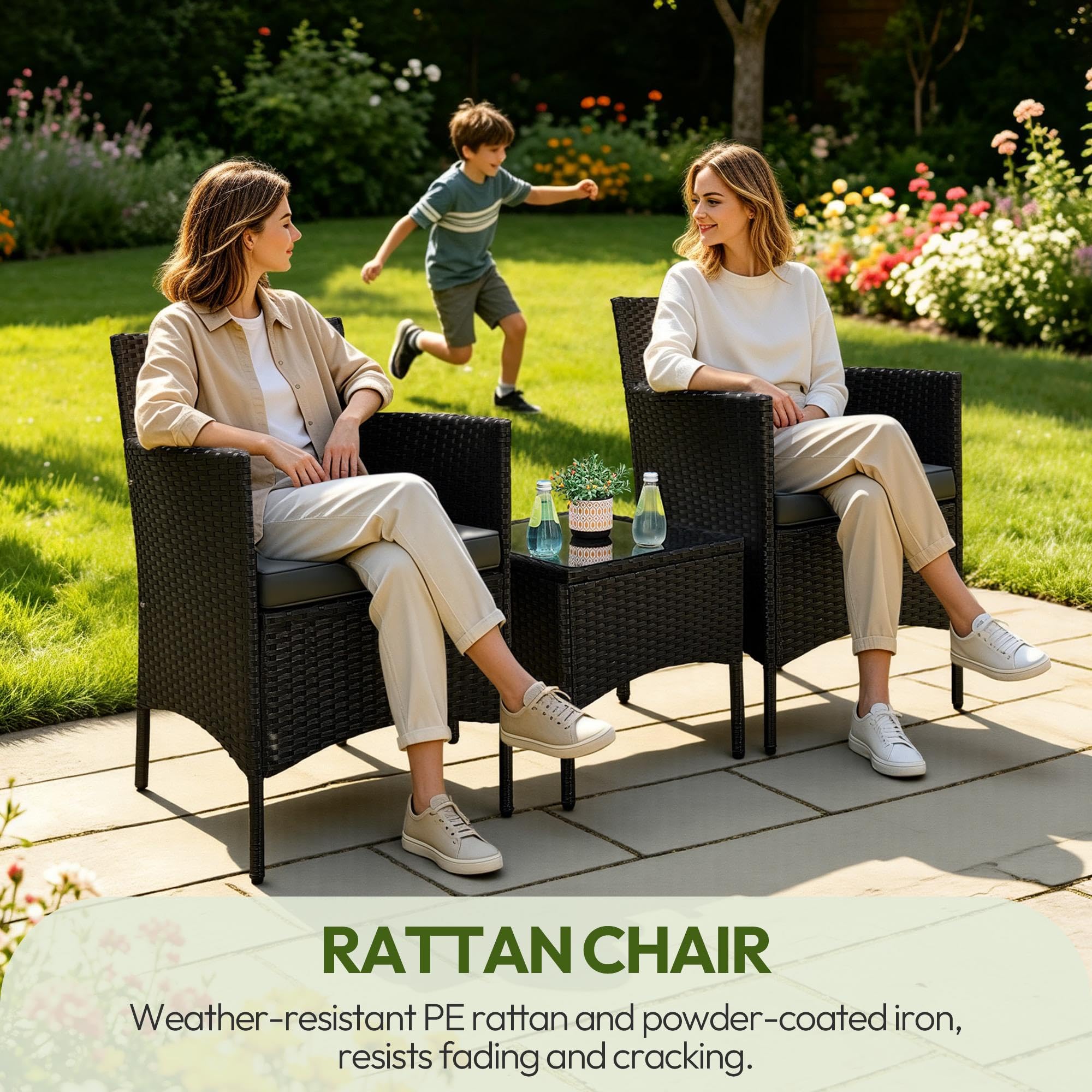 Yaheetech 3 Pieces Patio Conversation Set, Outdoor Rattan Bistro Furniture, 2 Chairs with Cushions & 1 Side Table for Bistro/Porch/Garden/Deck/Courtyard, Black/Khaki