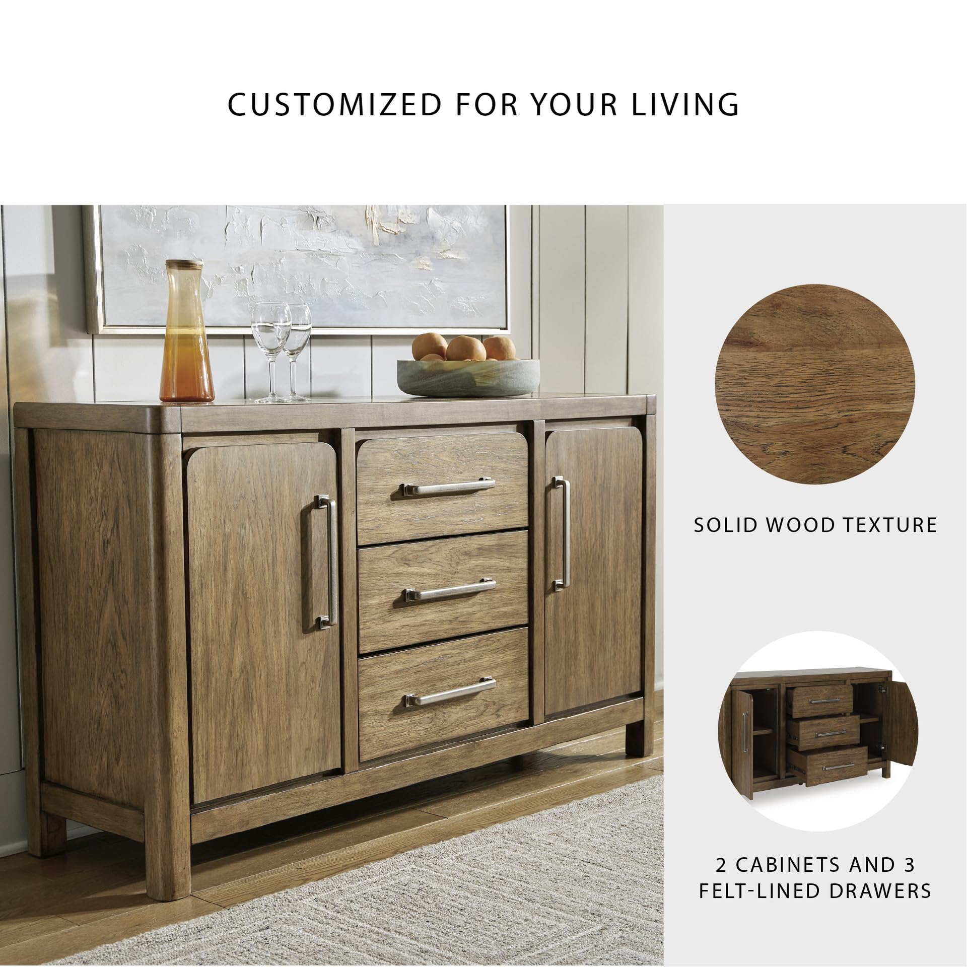 Signature Design by Ashley Cabalynn Farmhouse Glazed 2-Door Dining Server with Adjustable Shelves and 3 Drawers, Light Brown