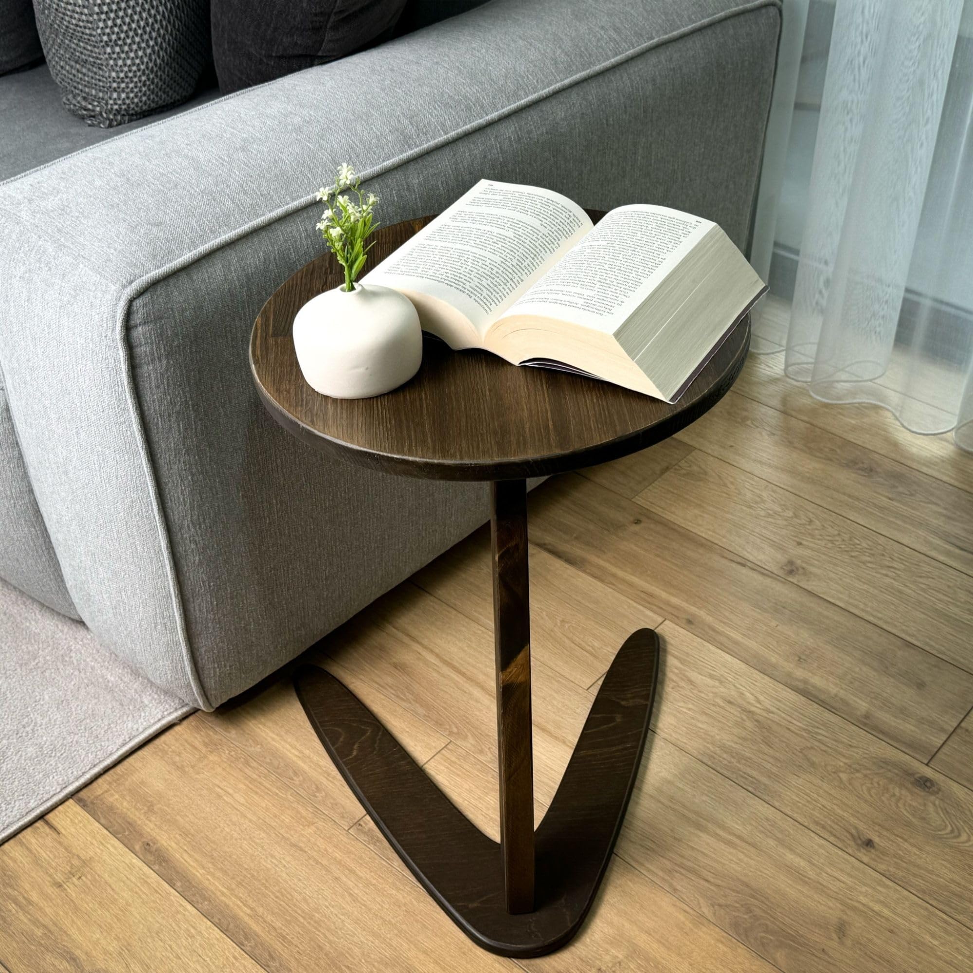 GENESIS WOODESIGN C-Shaped Handmade Solid Wood End Table, Side Table for Couches, Sofa Tables Slide Under Couch for Living Room, Over Couch TV Tray Table for Small Spaces (Medium, Dark Walnut)