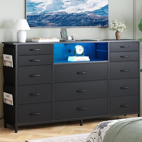 5-Tier Fabric Dresser with 13 Drawers, LED Lights & USB Ports