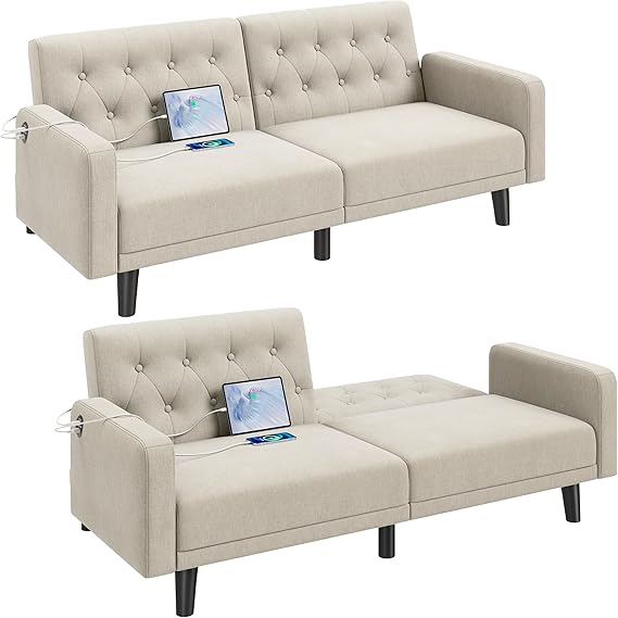 63" Convertible Futon Sofa Bed with USB Ports