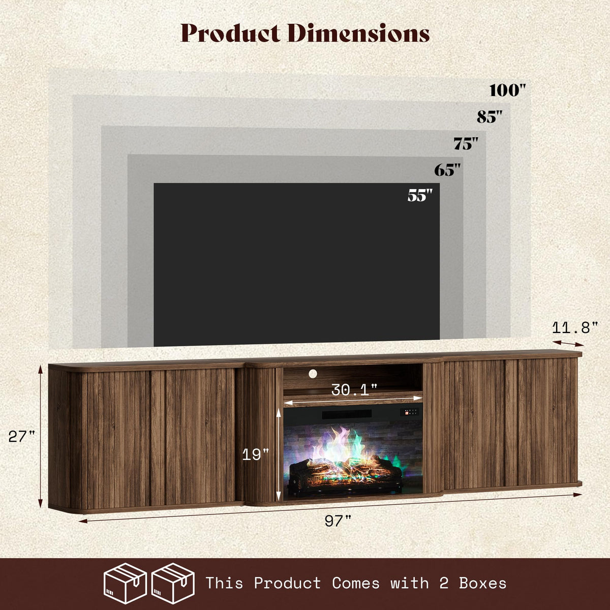 AMERLIFE 97" Fluted Electric Fireplace TV Stand, Mid Century Modern, Walnut