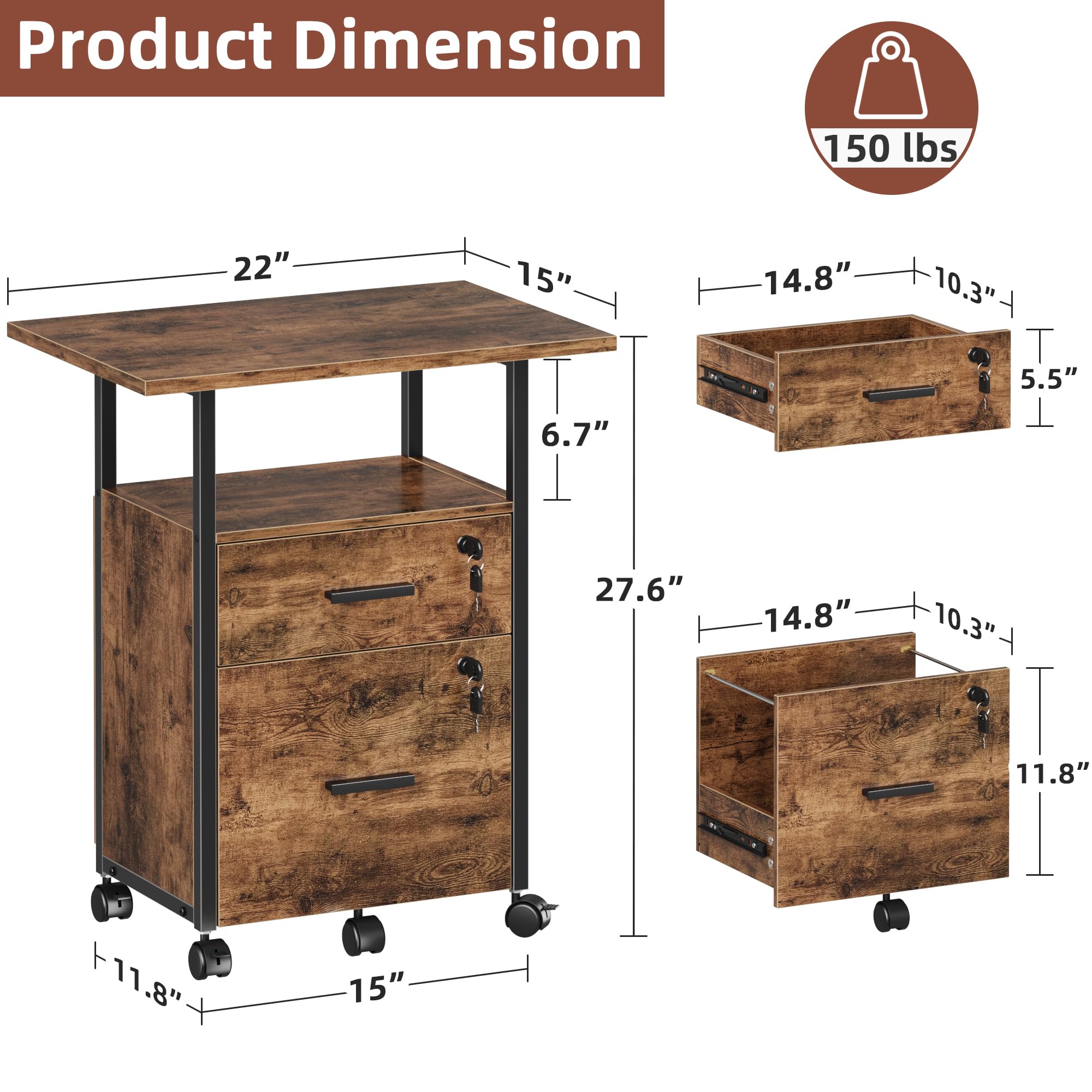 2-Drawer Lockable File Cabinet with 22" Extended Desktop