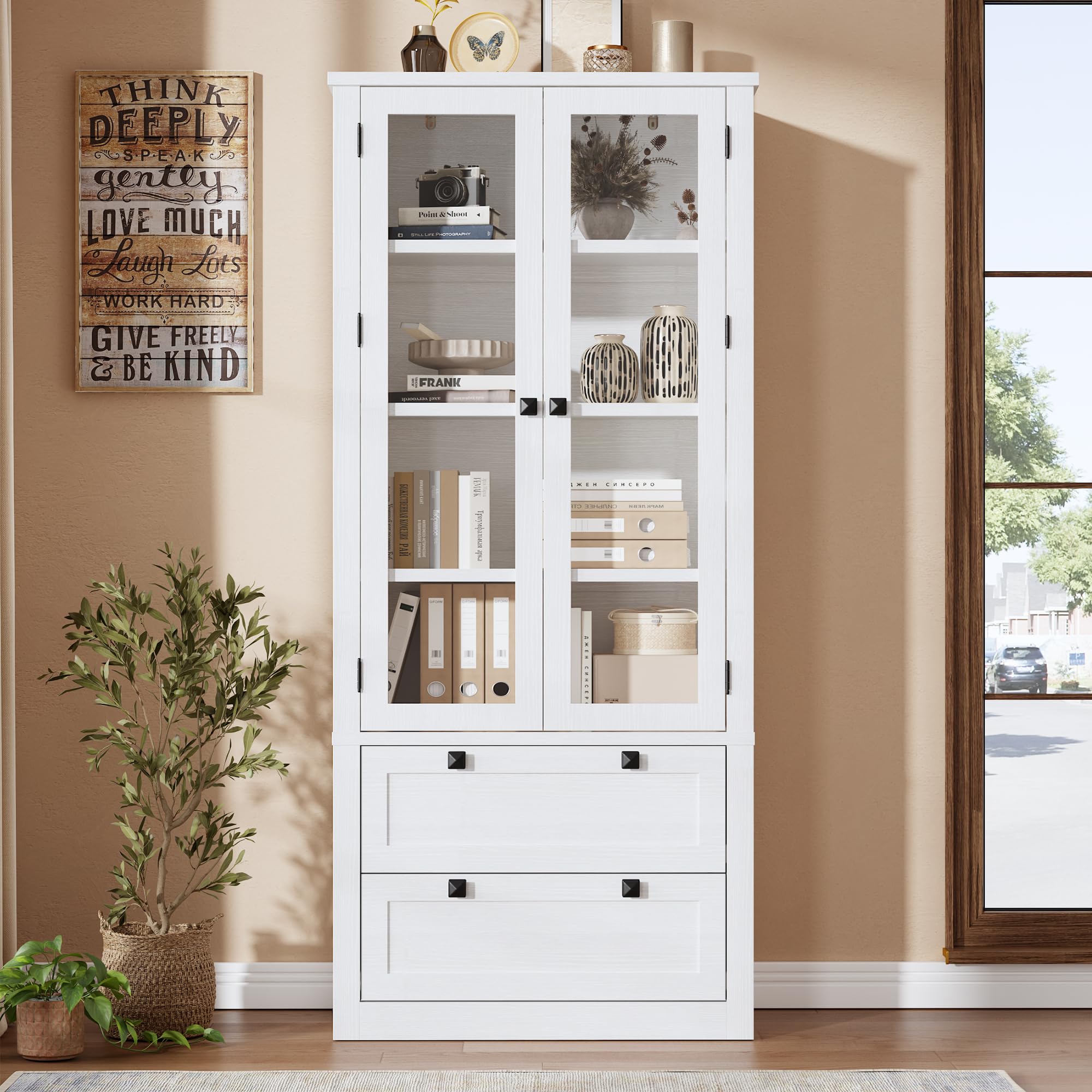 71" Tall Kitchen Pantry Cabinet - Modern Display Storage Cabinet with 2 Large Drawers, Glass Doors, and Adjustable Shelves, Farmhouse Kitchen Cupboard for Dining Room, Bathroom, Living Room, White