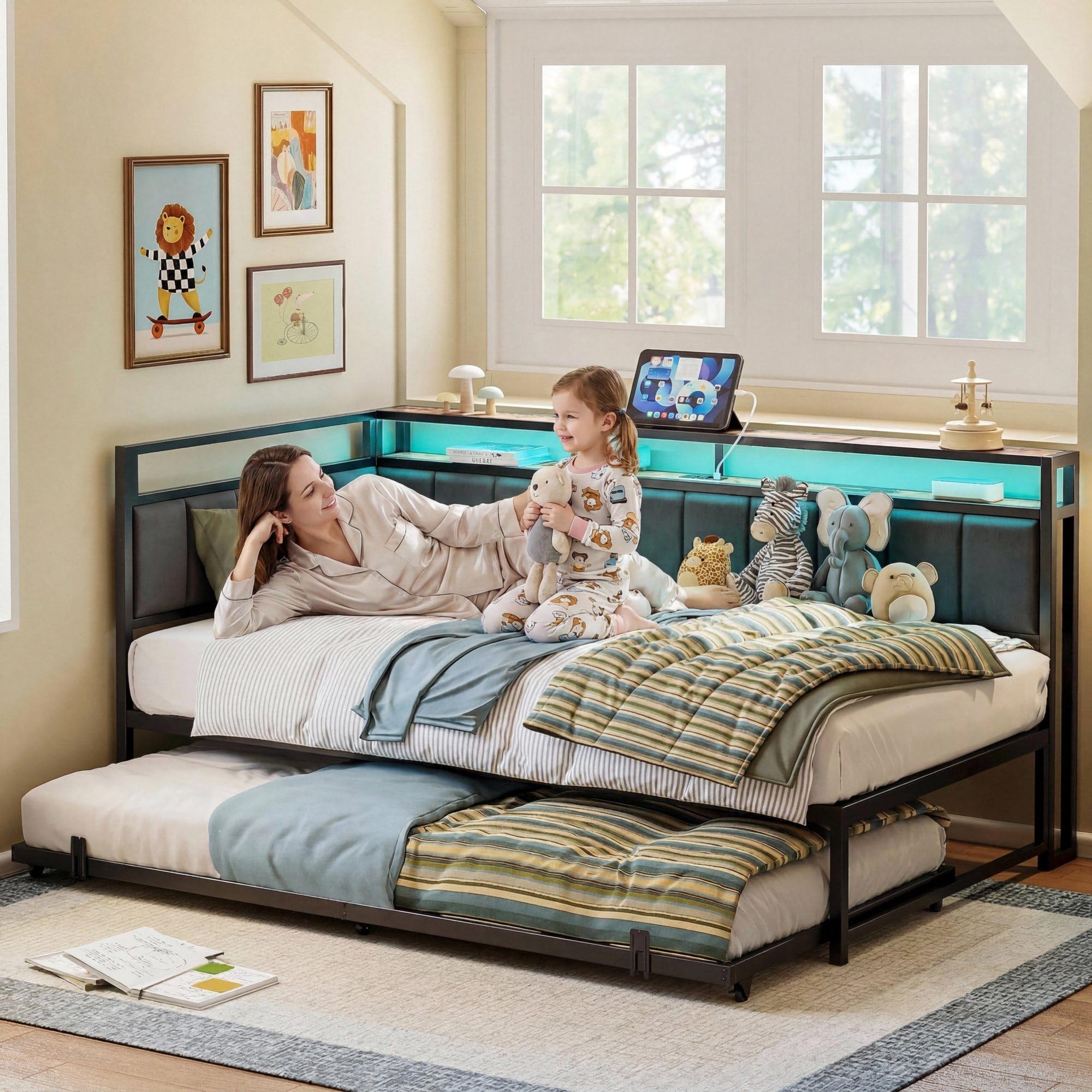 LIKIMIO Corner Twin Bed Frame with Trundle, Upholstered Storage Headboard & LED Lights, Twin Size Daybed with Charging Station, Sturdy Platform Metal Frame for Living Room, Bedroom, Guest Room, Gray