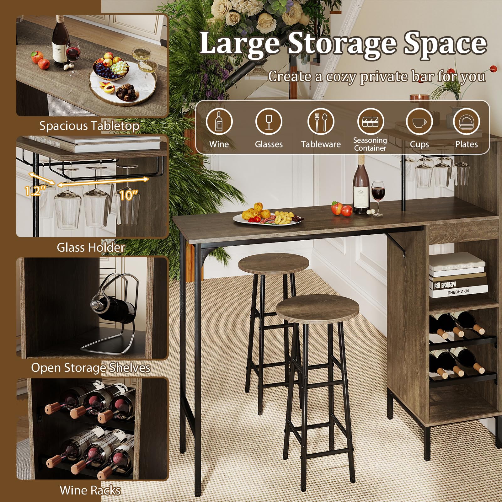3-Piece Bar Table & Stool Set with Wine Rack