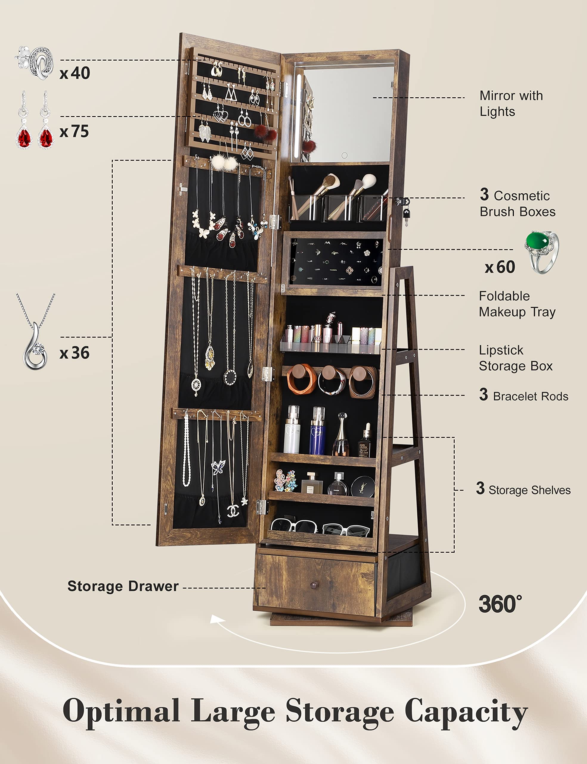 Nicetree 360° Swivel Jewelry Cabinet with Lights, Touch Screen Vanity Mirror, Rotatable Full Length Mirror with Jewelry Storage, Standing Jewelry Armoire Organizer, Gift Idea, Rustic Brown