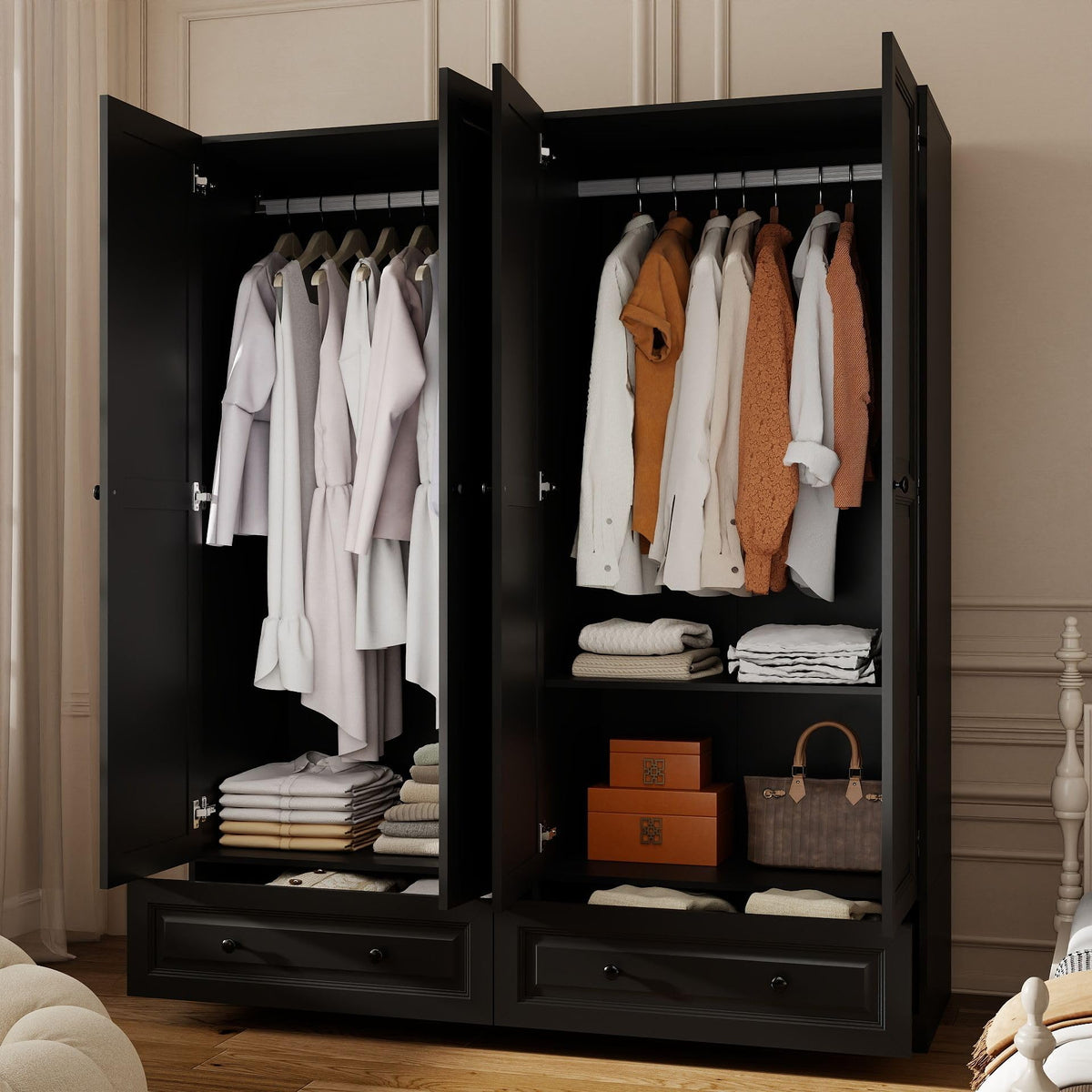 Black Wardrobe Armoire with 2 Drawers