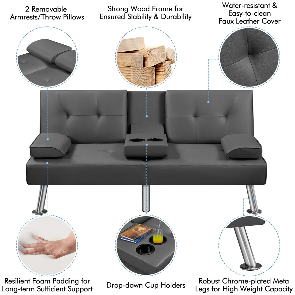 Convertible Futon Sofa Bed with Cup Holders