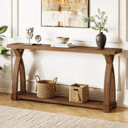 TRIBEWOOD Solid Wood Console Table for Entryway, 63-Inch Narrow Farmhouse Couch Table Behind Sofa with 2-Tier Storage for Entrance, Foyer, Living Room, Long, Dark Brown