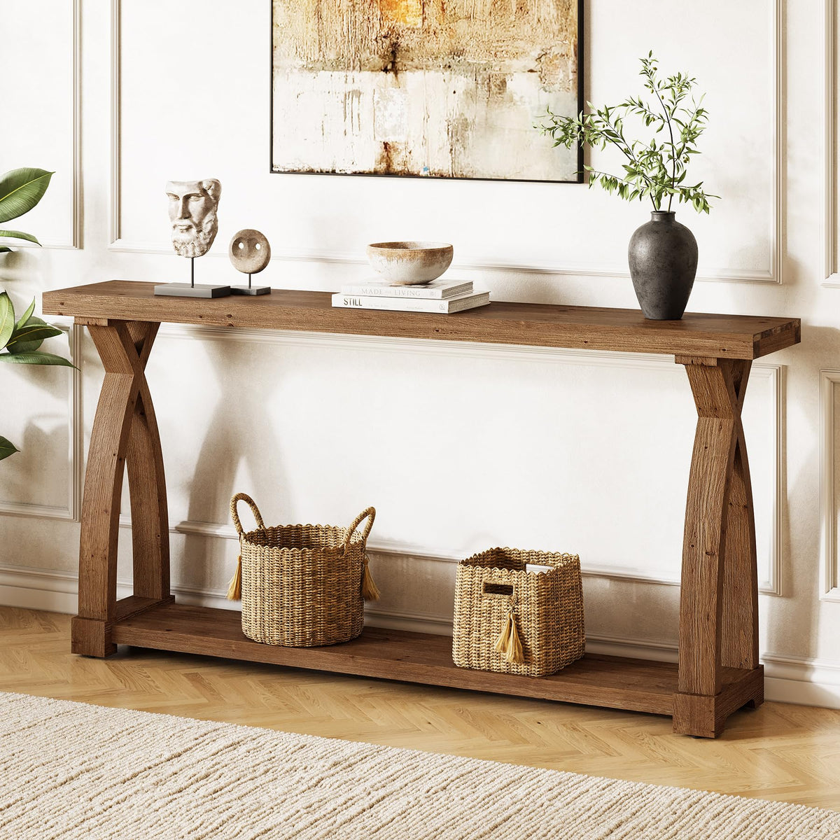 TRIBEWOOD Solid Wood Console Table for Entryway, 63-Inch Narrow Farmhouse Couch Table Behind Sofa with 2-Tier Storage for Entrance, Foyer, Living Room, Long, Dark Brown