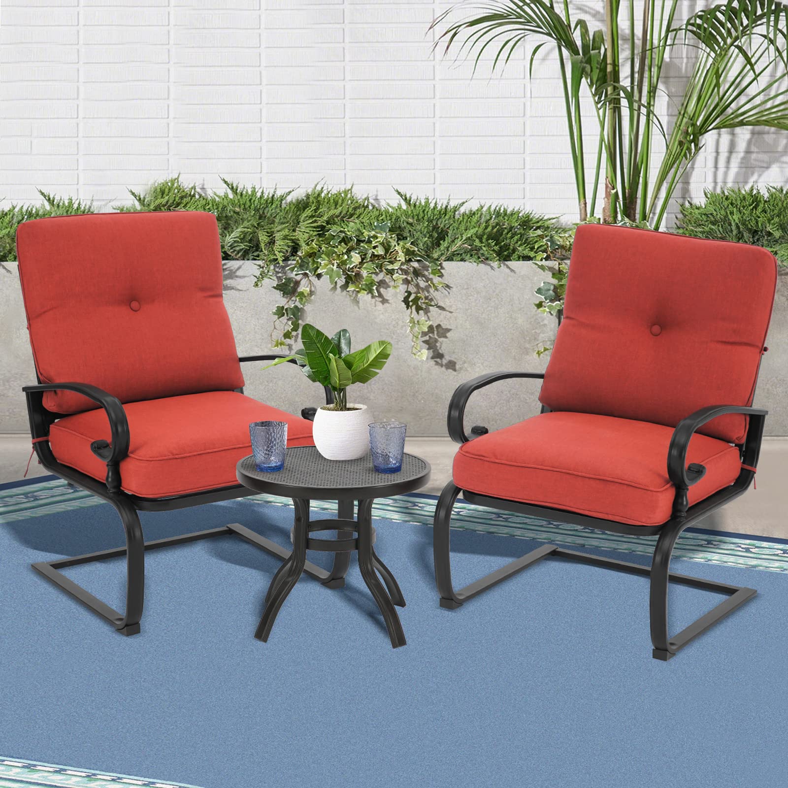 Oakcloud Outdoor Bistro Set 3-Piece Spring Metal Lounge Cushioned Chairs and Bistro Table Set Wrought Iron Cafe Furniture Seat, Red
