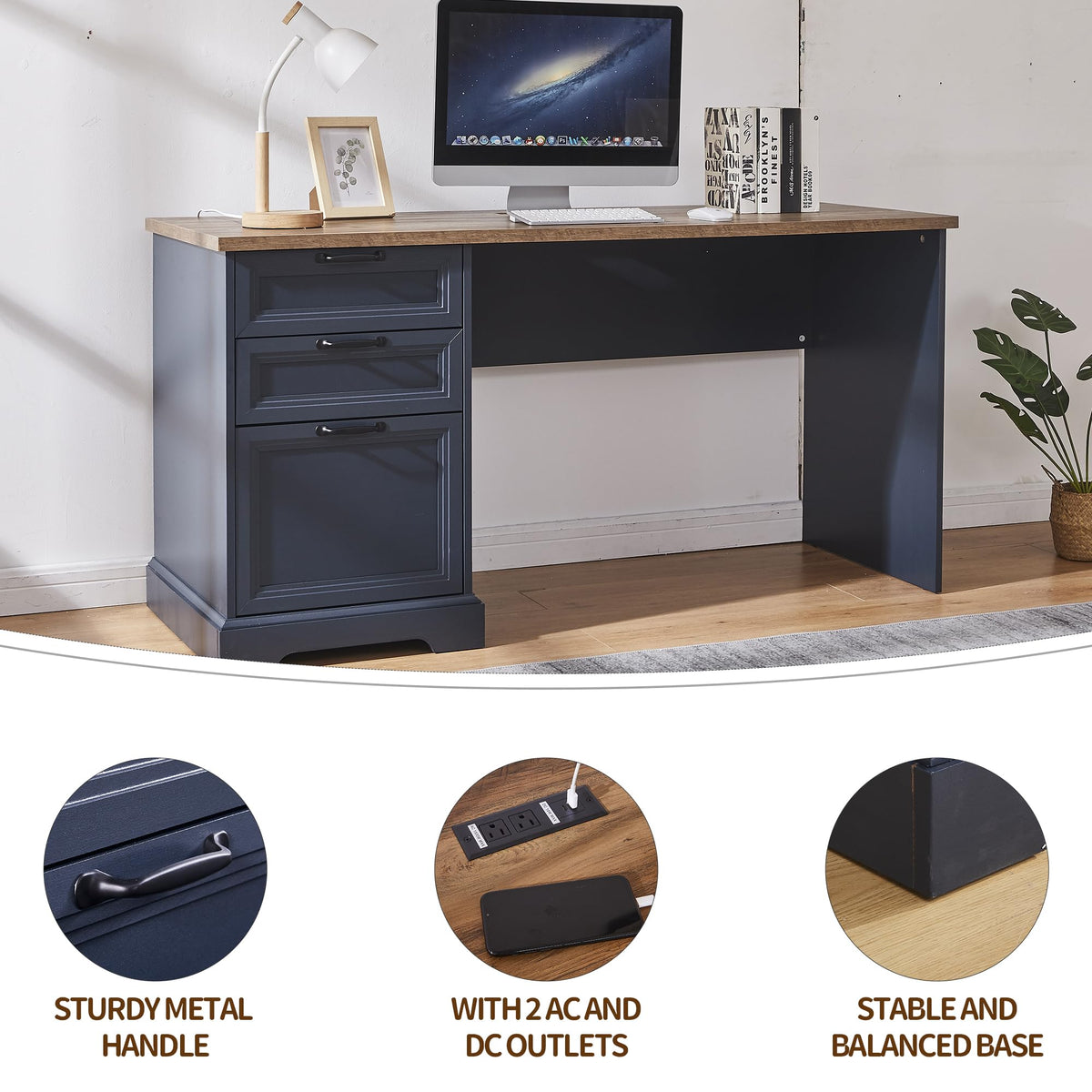 60"L-Shaped Executive Desk with 40"Adjustable File Cabinet,Farmhouse Home Office Desk with Charging Station,Office Desk with Storage Drawers,Wood Computer Desk Set for Office Work,Home Study (Blue)