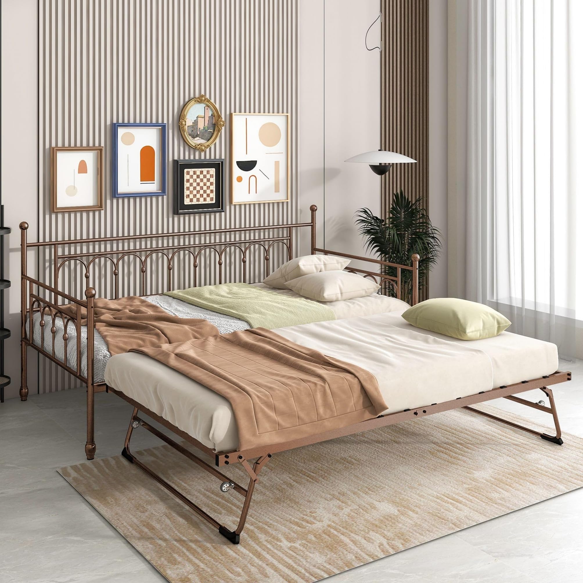 FULLJOJOR Metal Twin Daybed with Trundle, Stylish Day Bed with Trundle Bed Twin, Versatile Daybeds and Fold-Up Trundle Set for Guest Room, Home Office Twin Trundle Bed Frame,Bronze