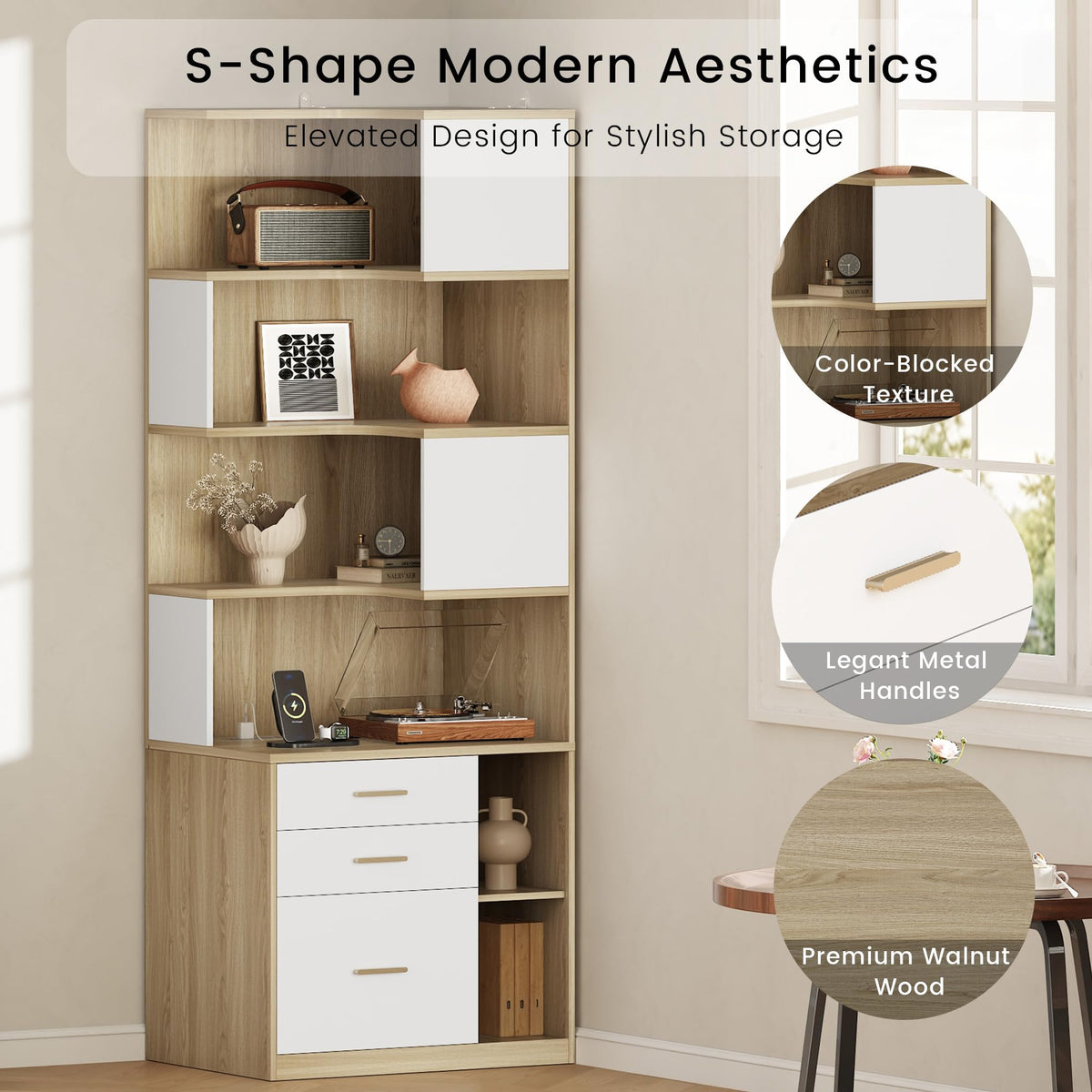 Corner Bookshelf with Drawers & Charging Ports
