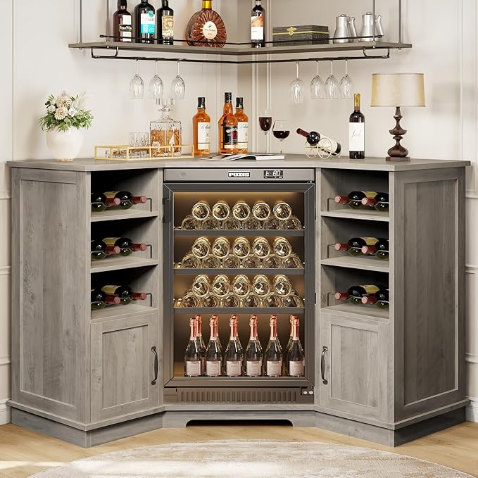 L-Shaped Corner Bar Cabinet with Mini Fridge Space