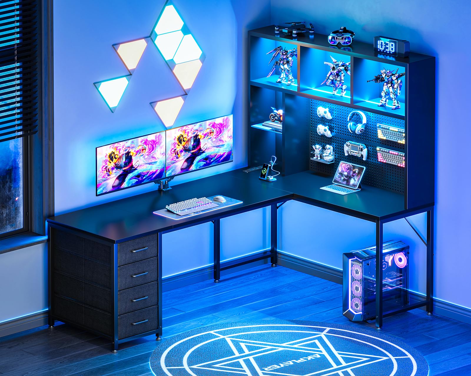 L-Shaped Gaming Desk with Hutch, Pegboard & LED Lights
