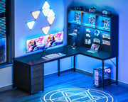 L-Shaped Gaming Desk with Hutch, Pegboard & LED Lights
