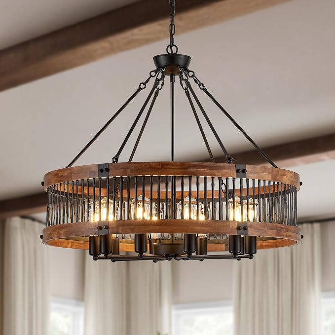 Rustic Drum Chandelier – Wood & Black Metal