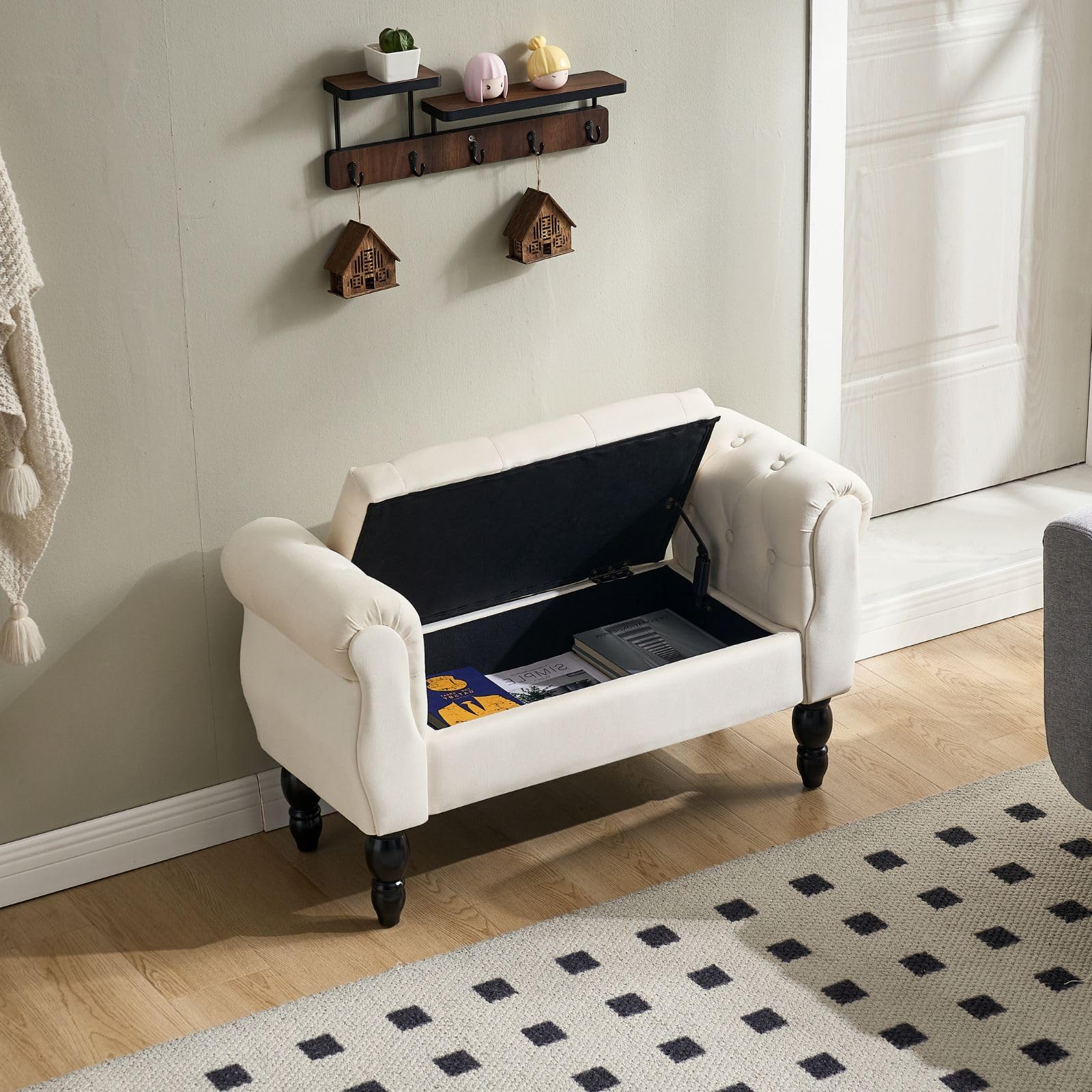 Chummaven Armed Storage Bench for End of Bed, Modern Velvet Ottoman Bedroom Bench with Wood Legs Upholstered Entryway Bench with Storage, Button Tufted Window Ottoman for Living Room, Reception, Cream