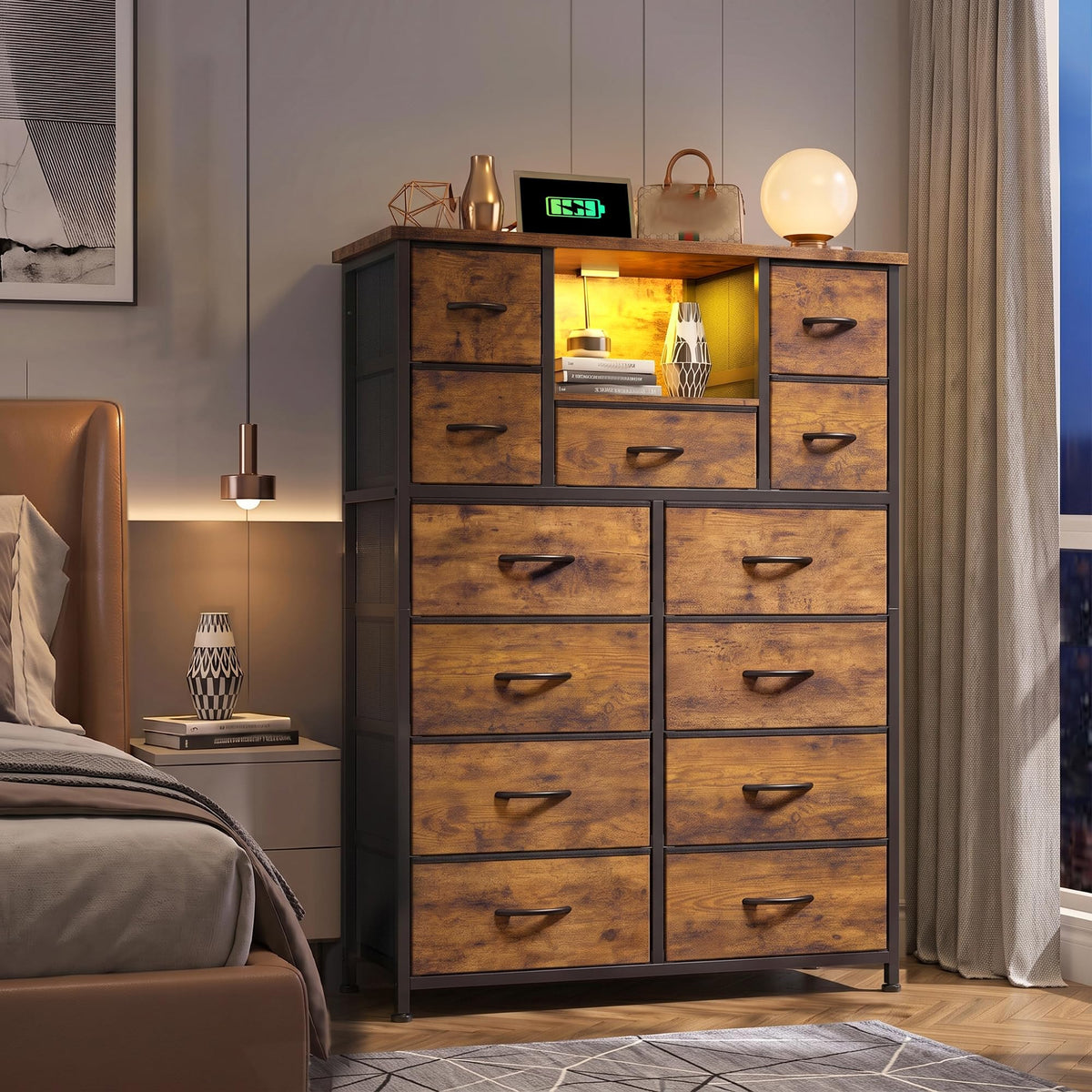 Bepatio Dresser for Bedroom, Charge-Station, LED Light and 13-Drawer, Brown
