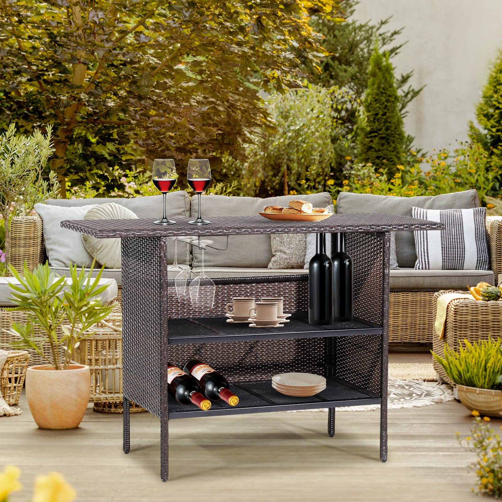 Tangkula Outdoor Wicker Bar Table, Patiojoy All Weather Patio Bar Height Table with 2 Metal Mesh Shelves & 2-Rail Steel Stemware Racks, Rattan Bar Counter Table for Backyard, Poolside (Mix Brown)