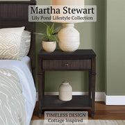 Martha Stewart Kenna Drawer Nightstand for Bedroom Nightstand with Drawer Lily Pond Collection Bedside Table Cottage Design Fluted Drawer, Metal Hardware, Coastal Bedroom Furniture, 26" H Dark Coffee