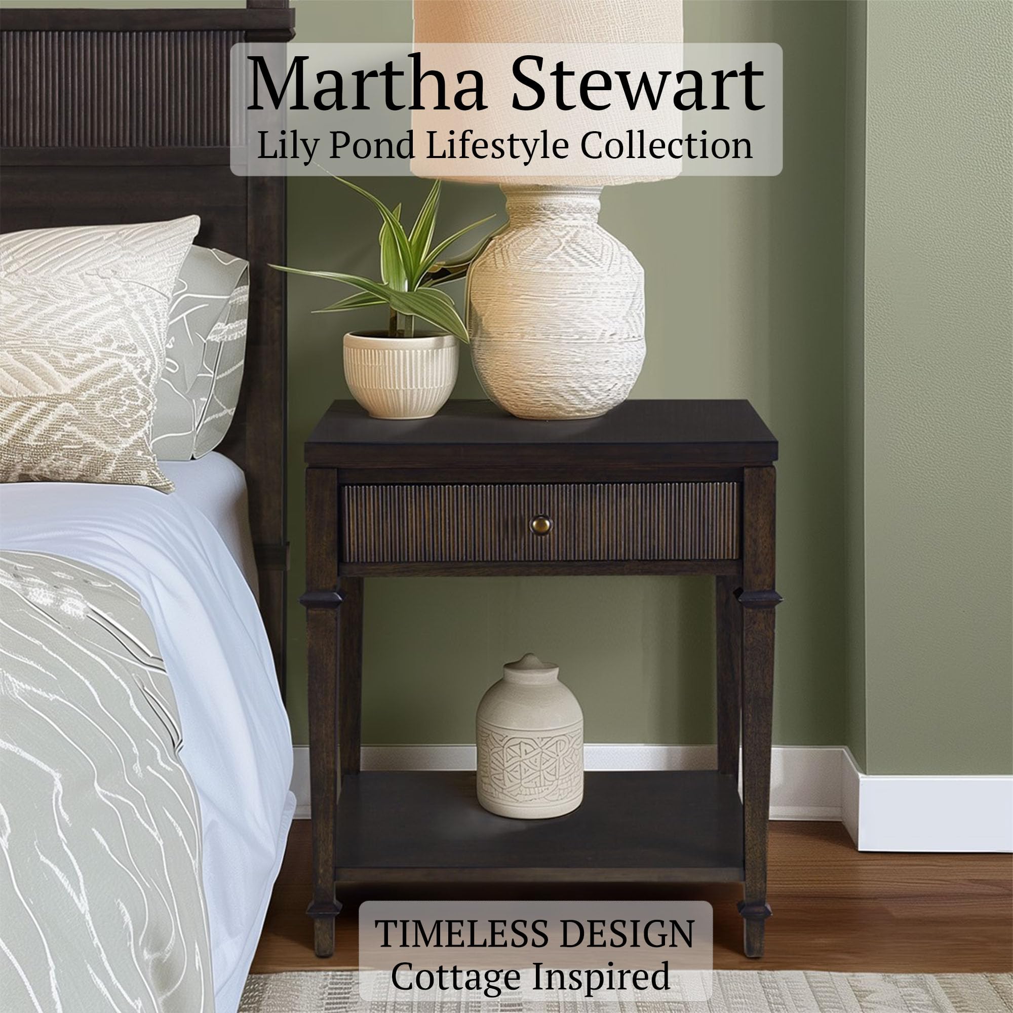 Martha Stewart Kenna Drawer Nightstand for Bedroom Nightstand with Drawer Lily Pond Collection Bedside Table Cottage Design Fluted Drawer, Metal Hardware, Coastal Bedroom Furniture, 26" H Dark Coffee