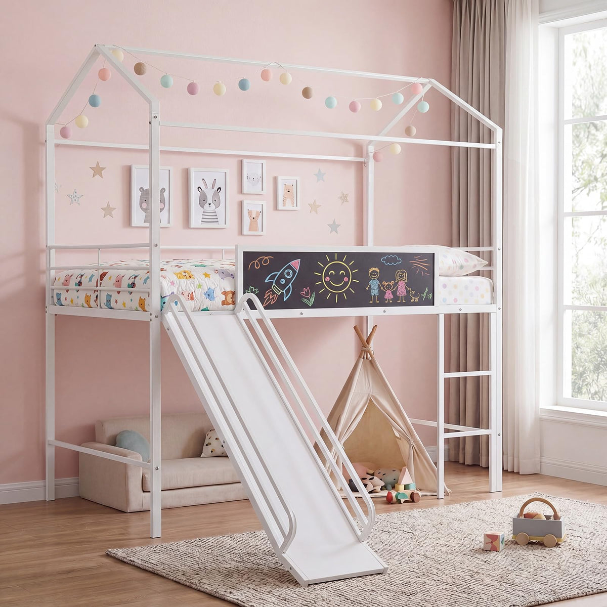 Twin House Loft Bed with Slide