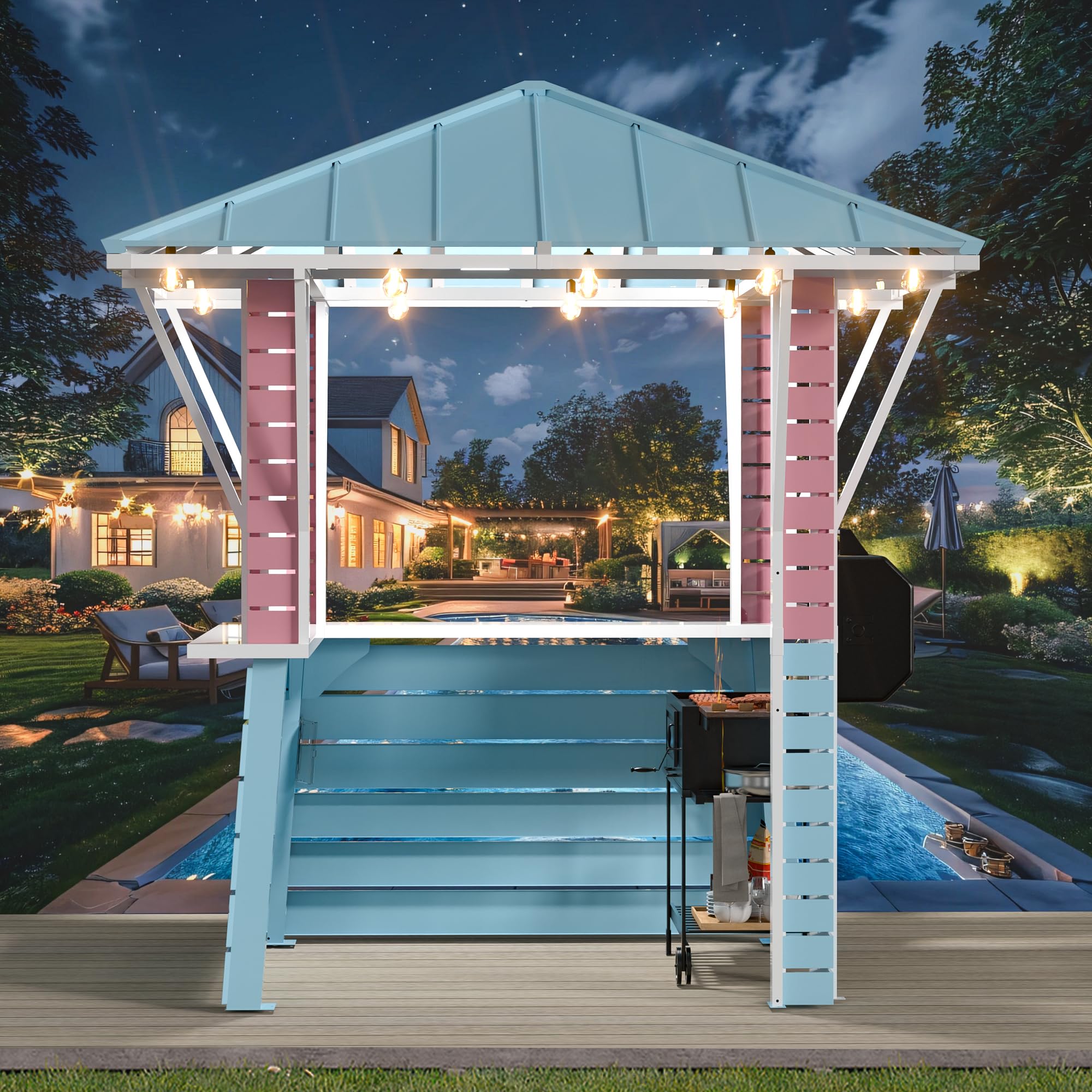 Modern Shade Coastal Dream Outdoor Bar, Grill Gazebo with 2 Open Sides, Patio Gazebo with USB Charging Socket and Hooks, Galvanized Steel Pavilion for Backyard, Swimming Pool, BBQ