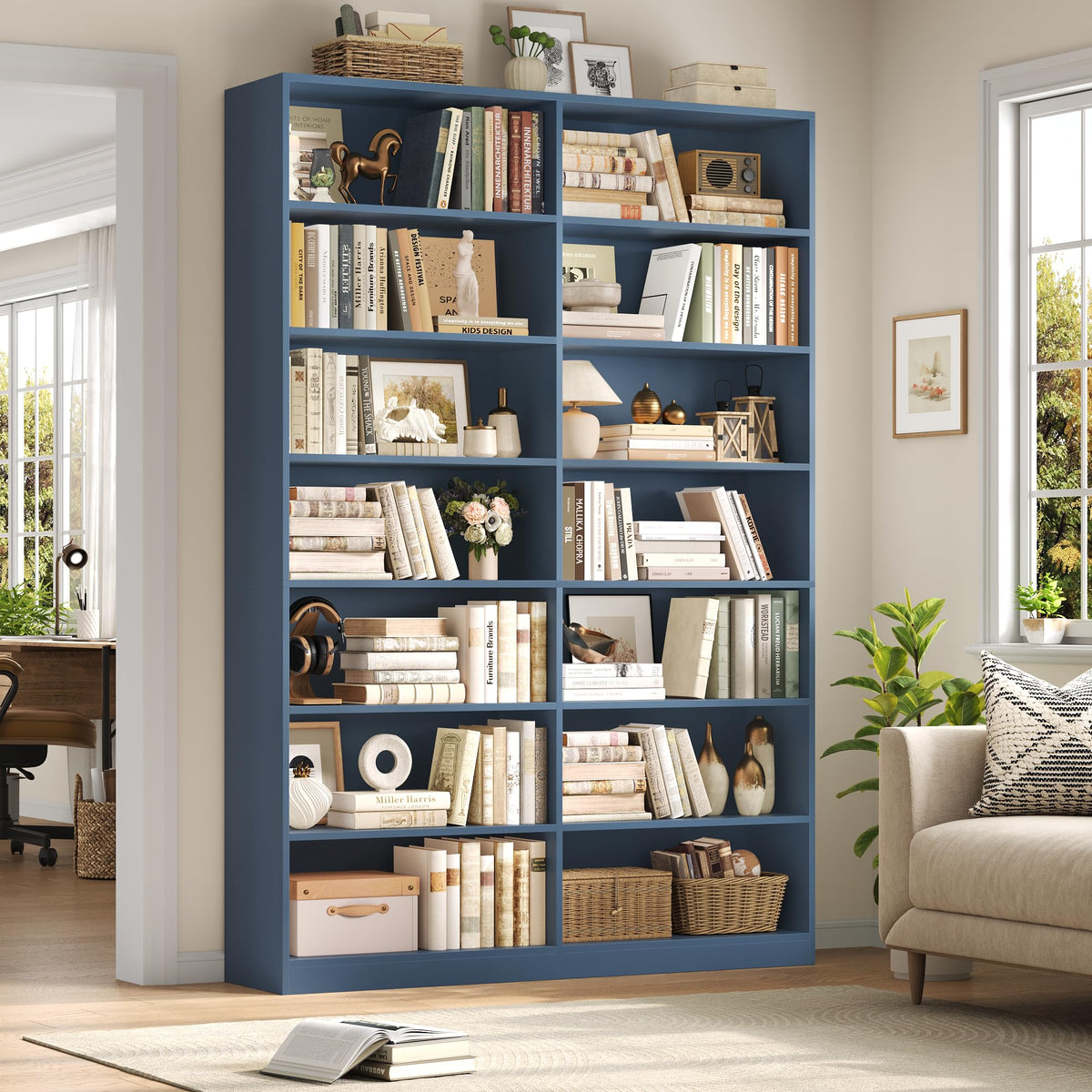 FACBOTALL 83.7" Tall Bookshelf and Bookcase, 7-Tier Double Bookshelves Blue