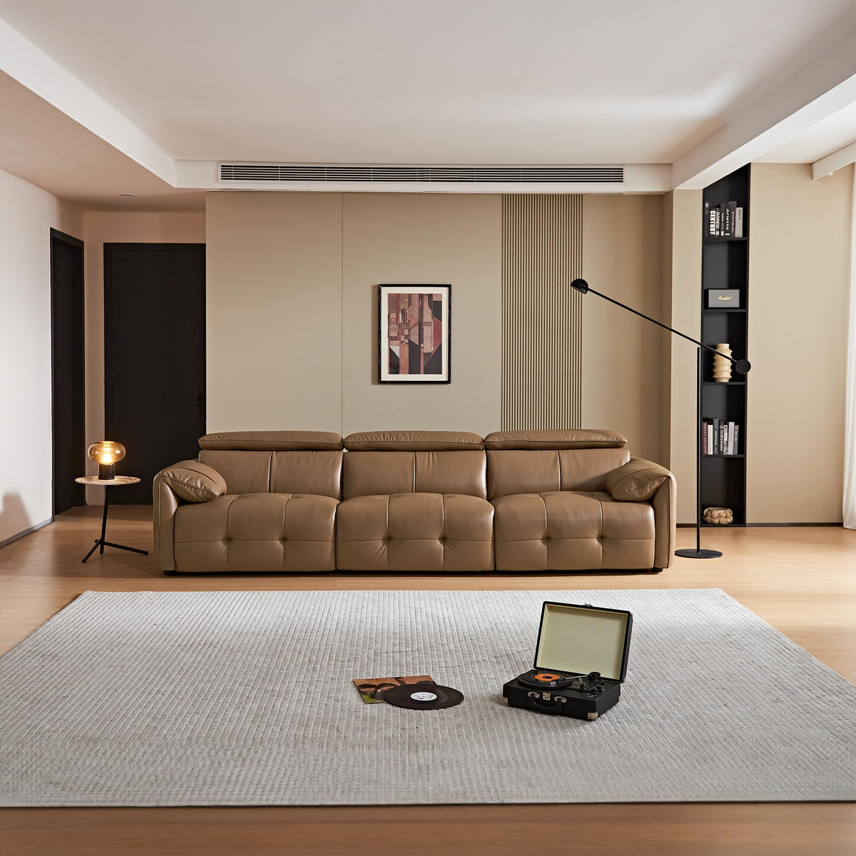 Genuine Leather Sofa with Adjustable Headrests, 122" Modern Modular Sectional Couch with Drop-Down Cup Holder Console, 3-Seater Leather Couches with Solid Wood Frame for Living Room, Office, Brown