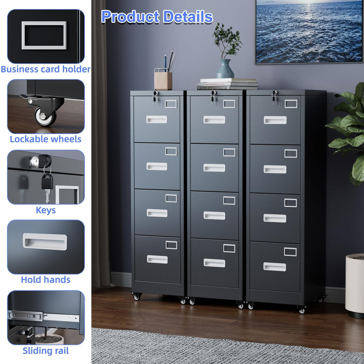shengkefty 4 Drawer Metal File Cabinet with Lock and Wheels, Black