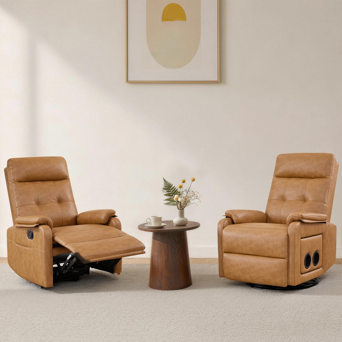 KISLOT Compact Manual Swivel Recliner with Cup Holder, 360° Rotating Armchair Gentle Sway Living Room Chair with Foldable Tray Table Dual Cup Holders for Small Spaces