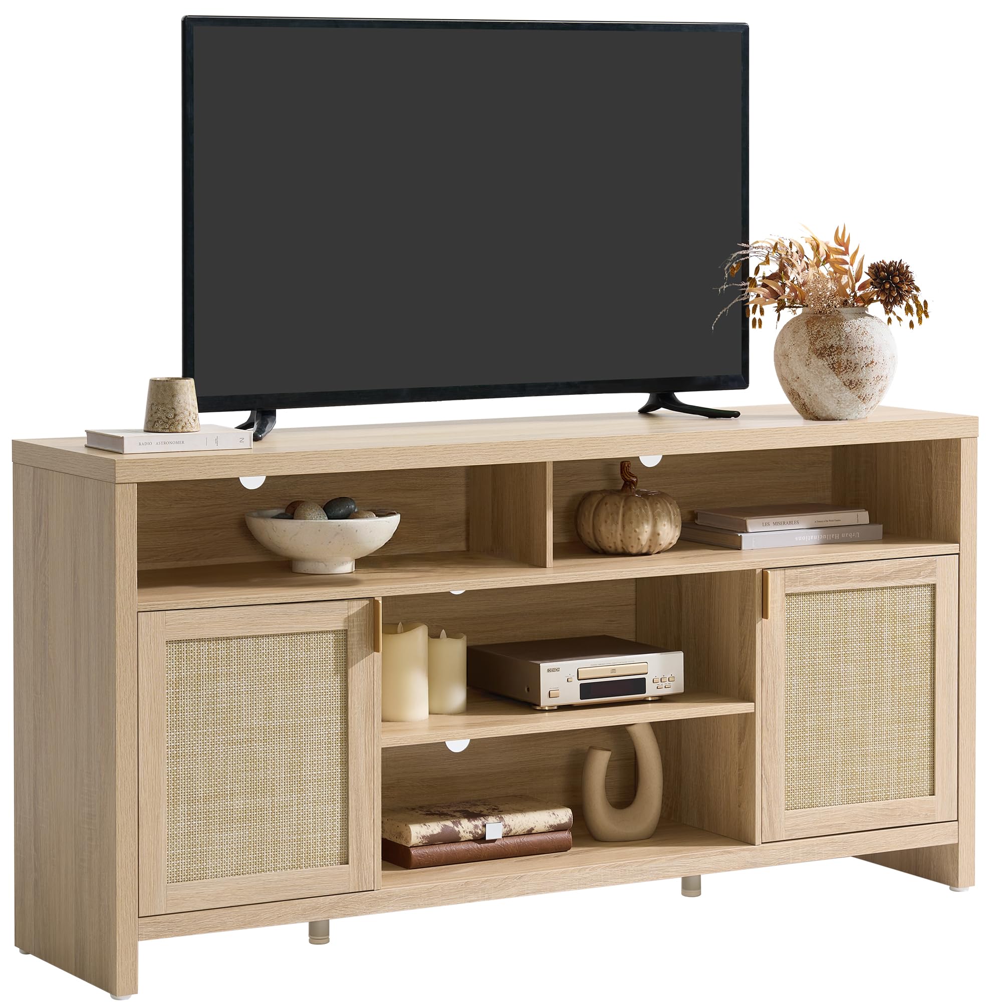 63" Rattan TV Stand with Storage & Doors