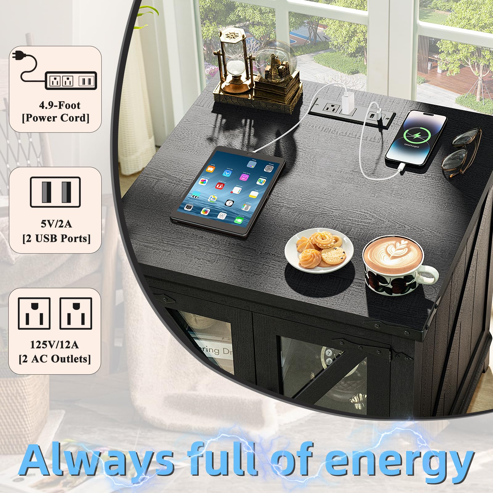 Farmhouse End Table with Charging Station & Glass Barn Door