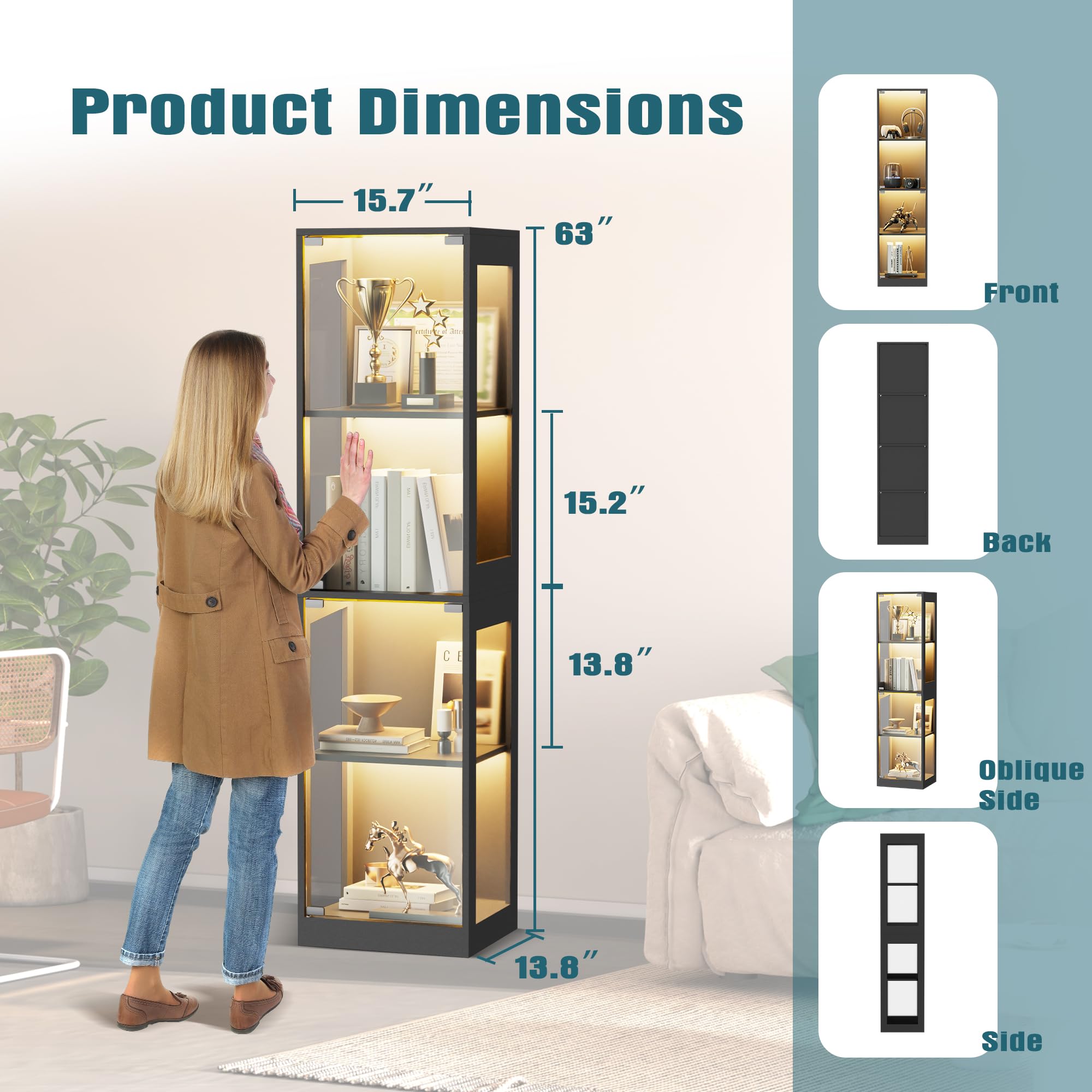 4-Tier Glass Display Cabinet with RGB LED Lights, Pop-Up Doors & Anti-Tip Device
