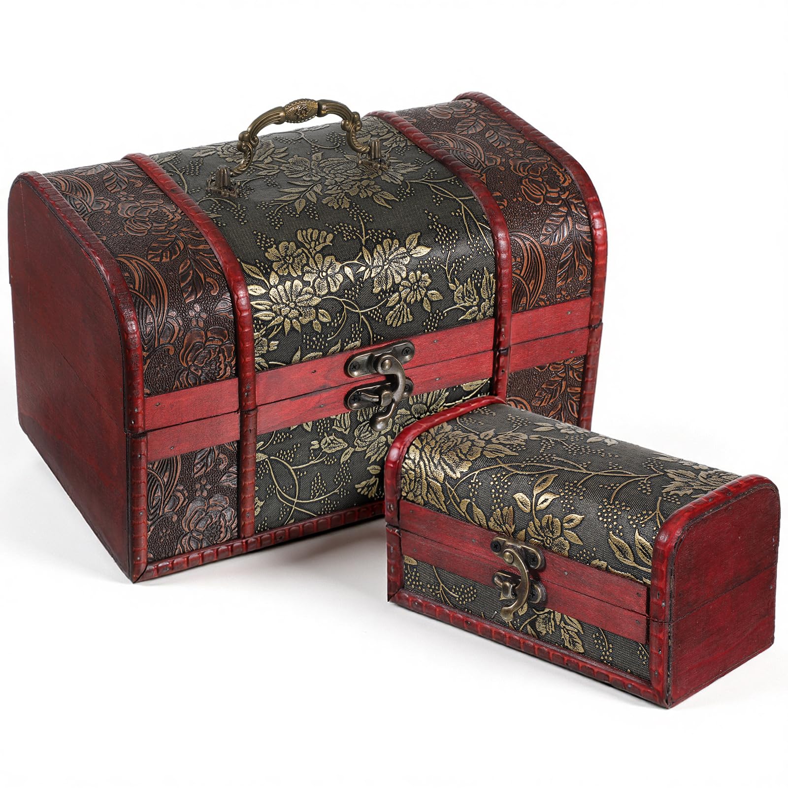 Vintage Wooden Treasure Chest Storage Box Set of 2