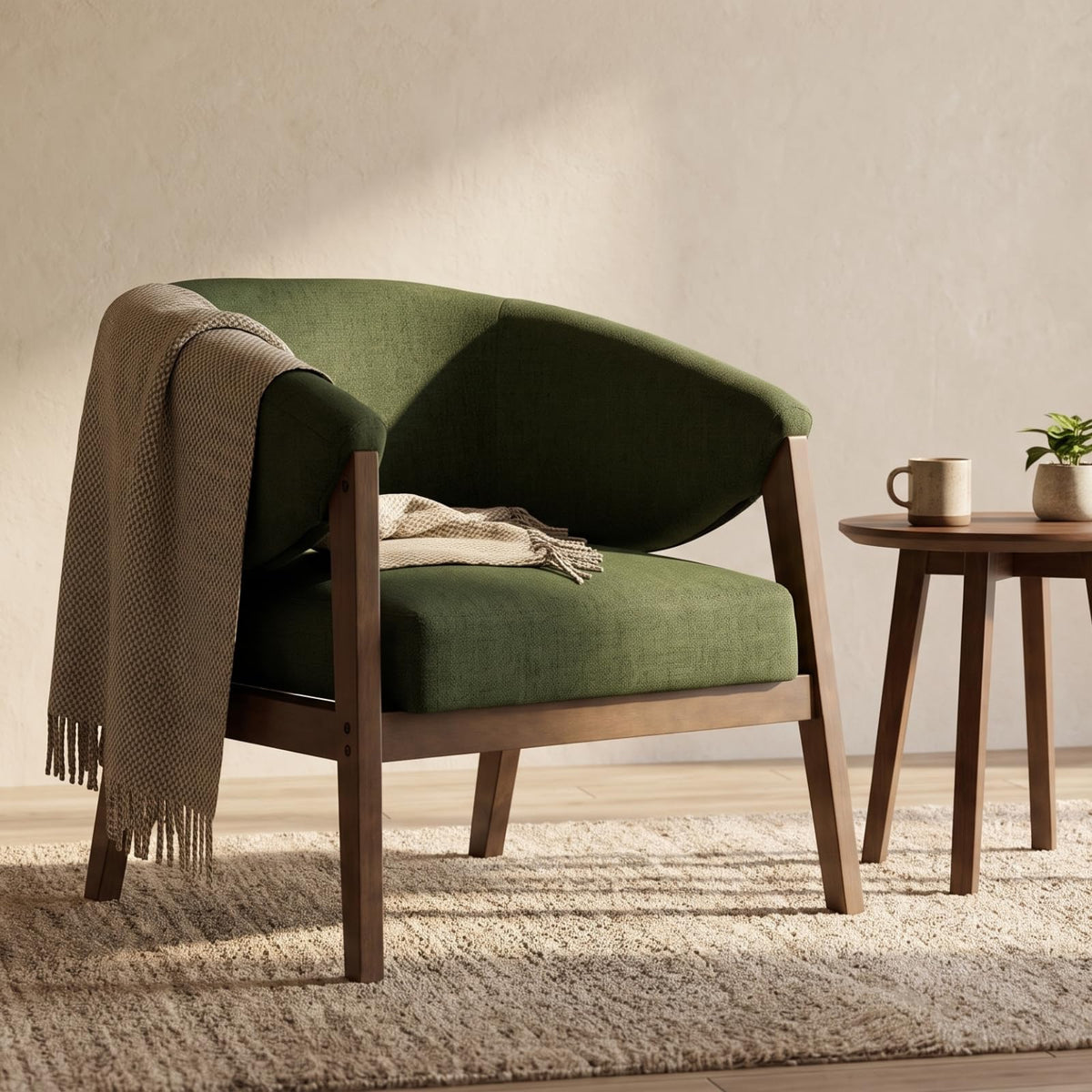 Green Linen Barrel Accent Chair