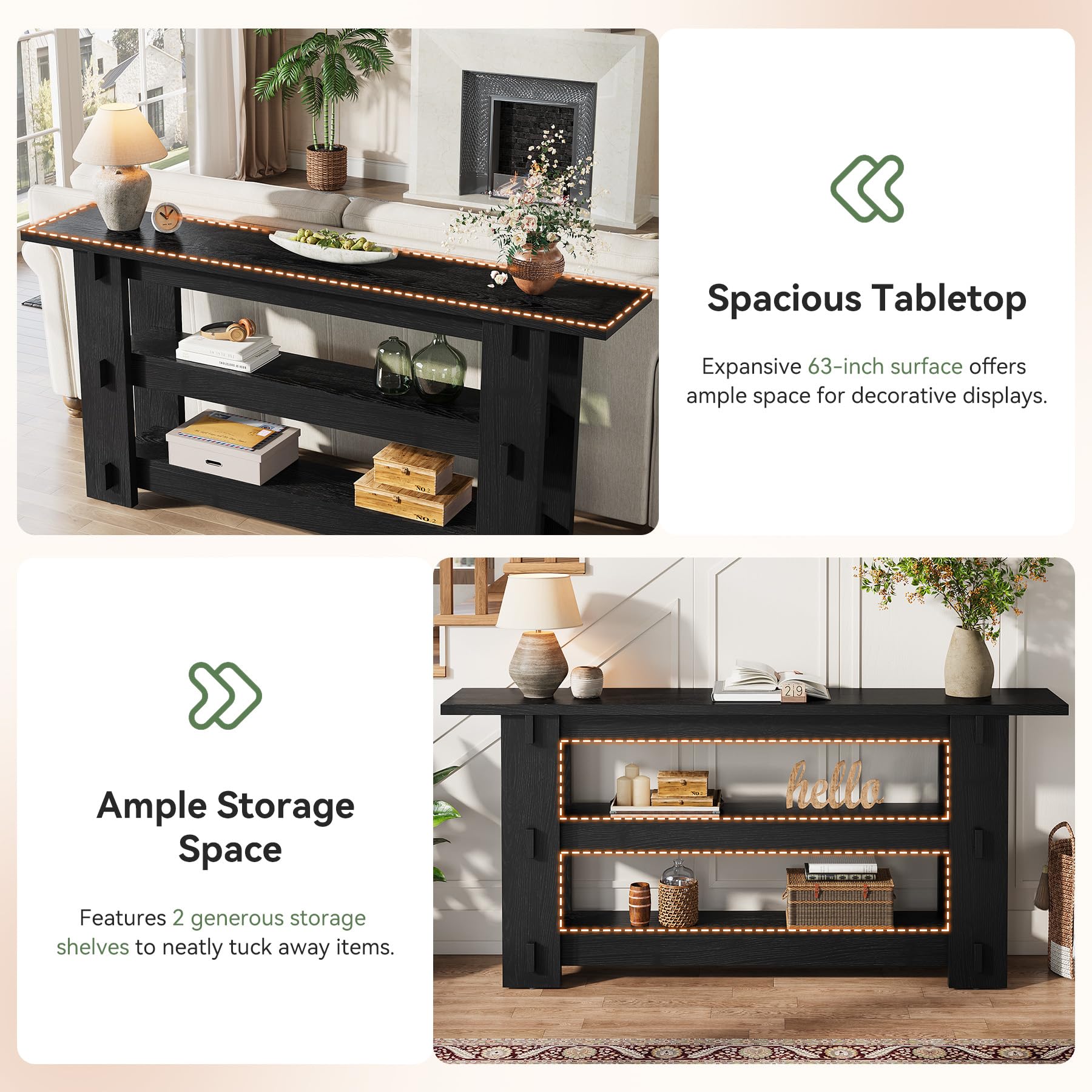 TRIBEWOOD 63-Inch Solid Wood Console Table, Farmhouse Sofa Table Behind Couch with Storage Shelves, Entryway Furniture for Living Room, Hallway, Foyer, Black