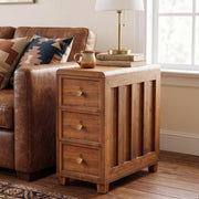 LINSY HOME Solid Wood End Table, 3-Drawer Rustic Nightstand, Light Brown
