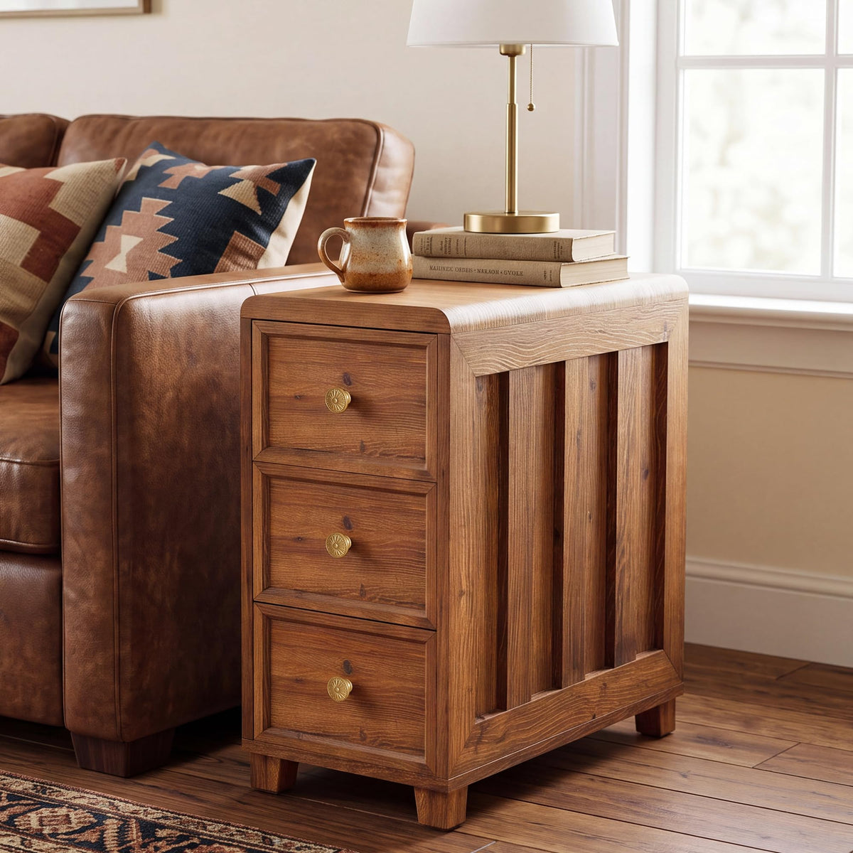 LINSY HOME Solid Wood End Table, 3-Drawer Rustic Nightstand, Light Brown