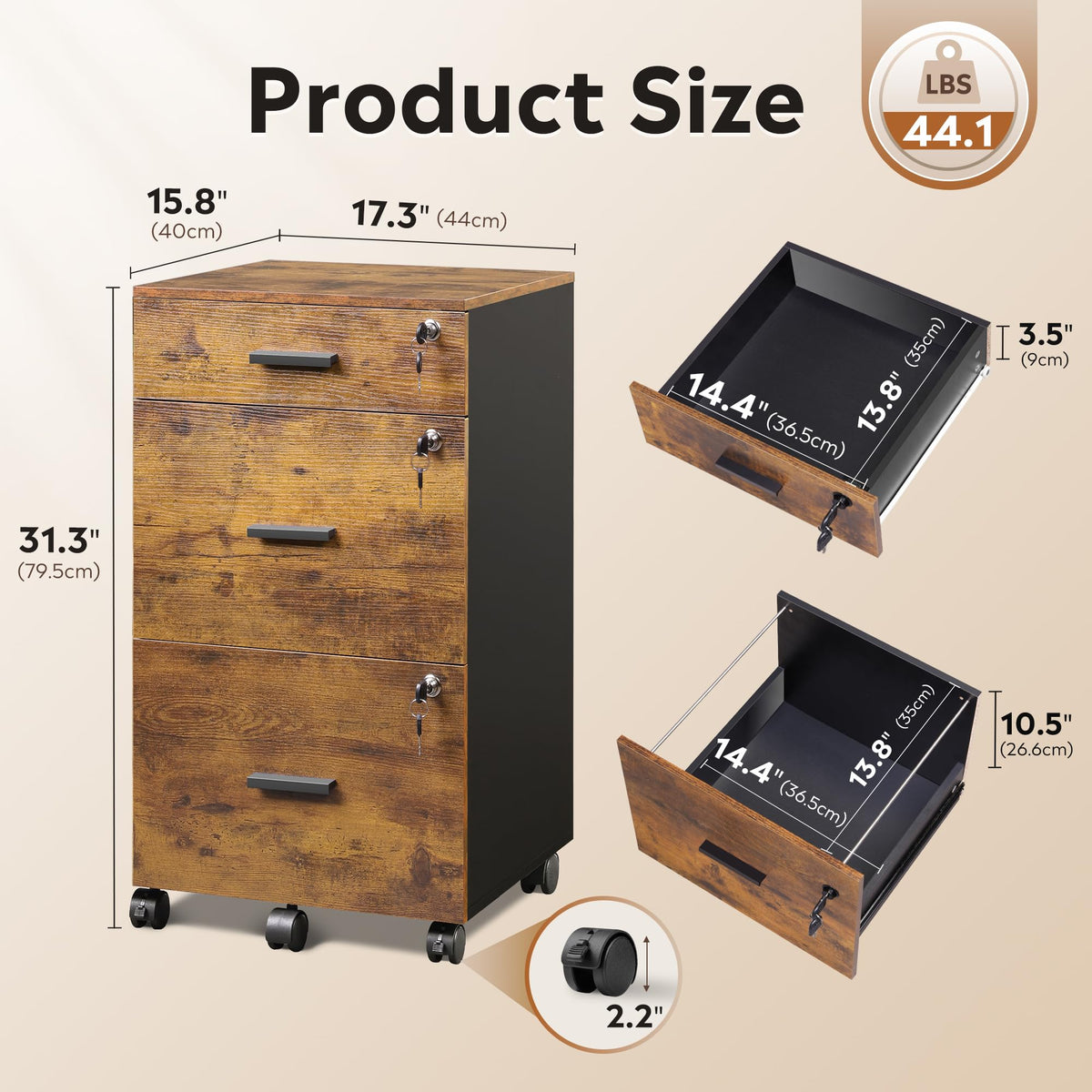 3-Drawer Locking File Cabinet with Wheels