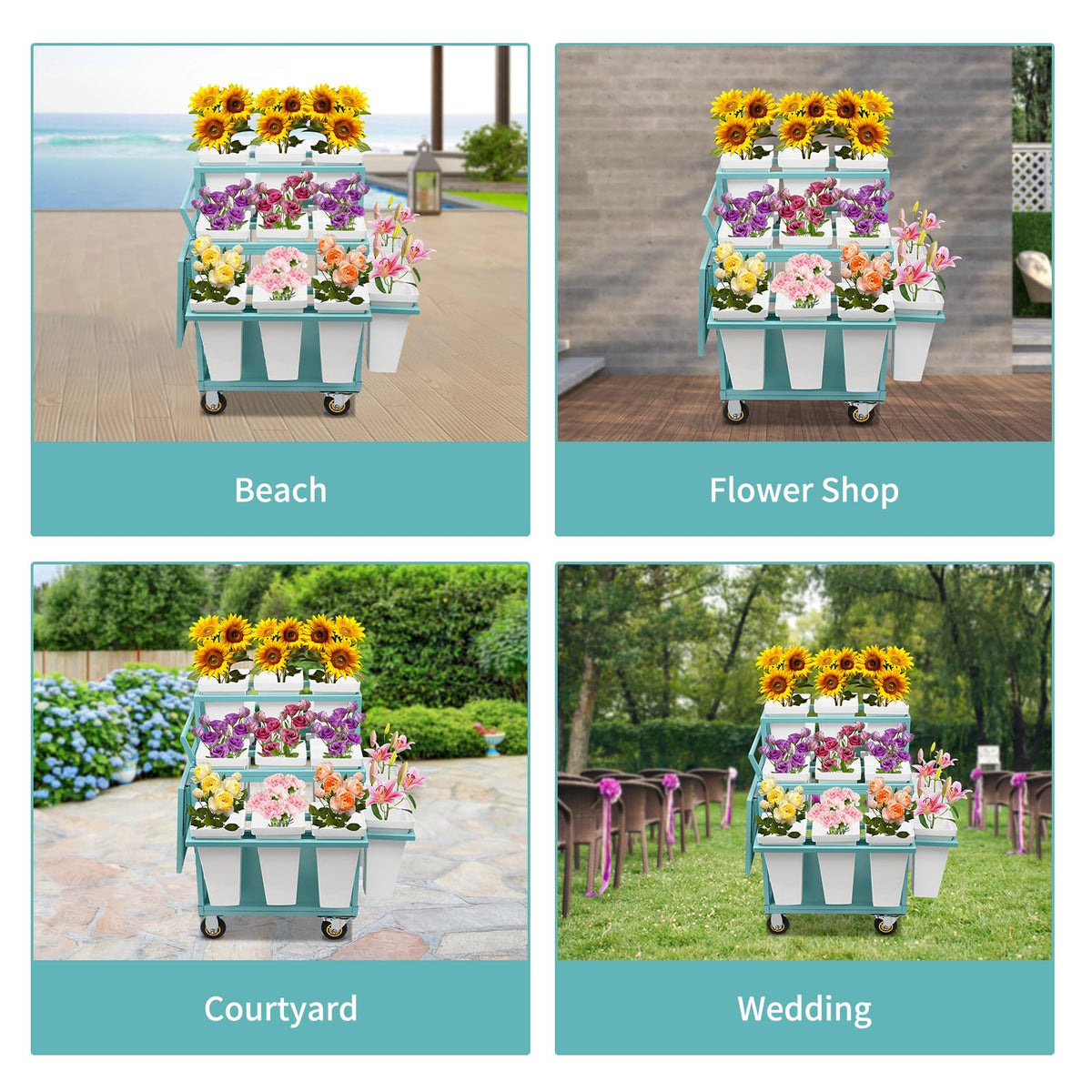 BAIODNB Flower Display Stand with Wheels,6 Layers Plant Display Stand With 18PCS Buckets Flower Cart, Moving Florist Bouquet Shelf Flower Rack for Indoor, Outdoor Patio Garden, Living Room (Blue)