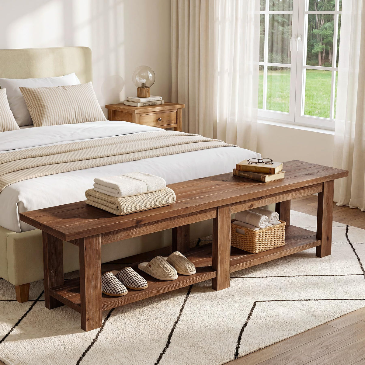 TRIBEWOOD 70.9" Solid Wood Entryway Shoe Bench, Extra Long Wooden Bench