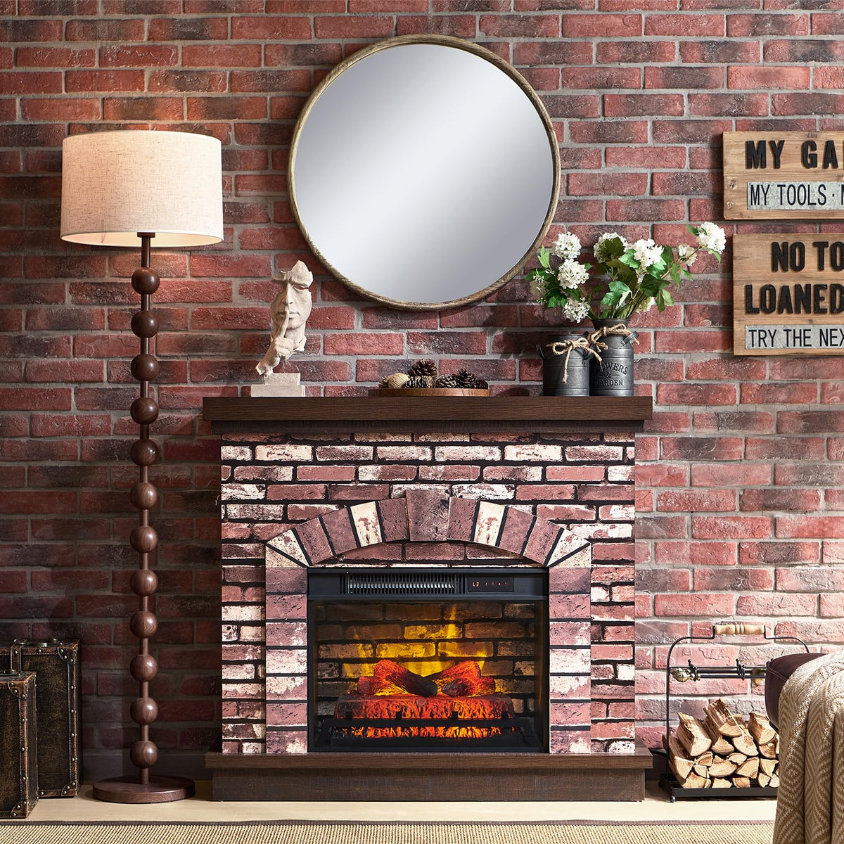 IFGET 42" Farmhouse Electric Fireplace with Mantel, Light Brown