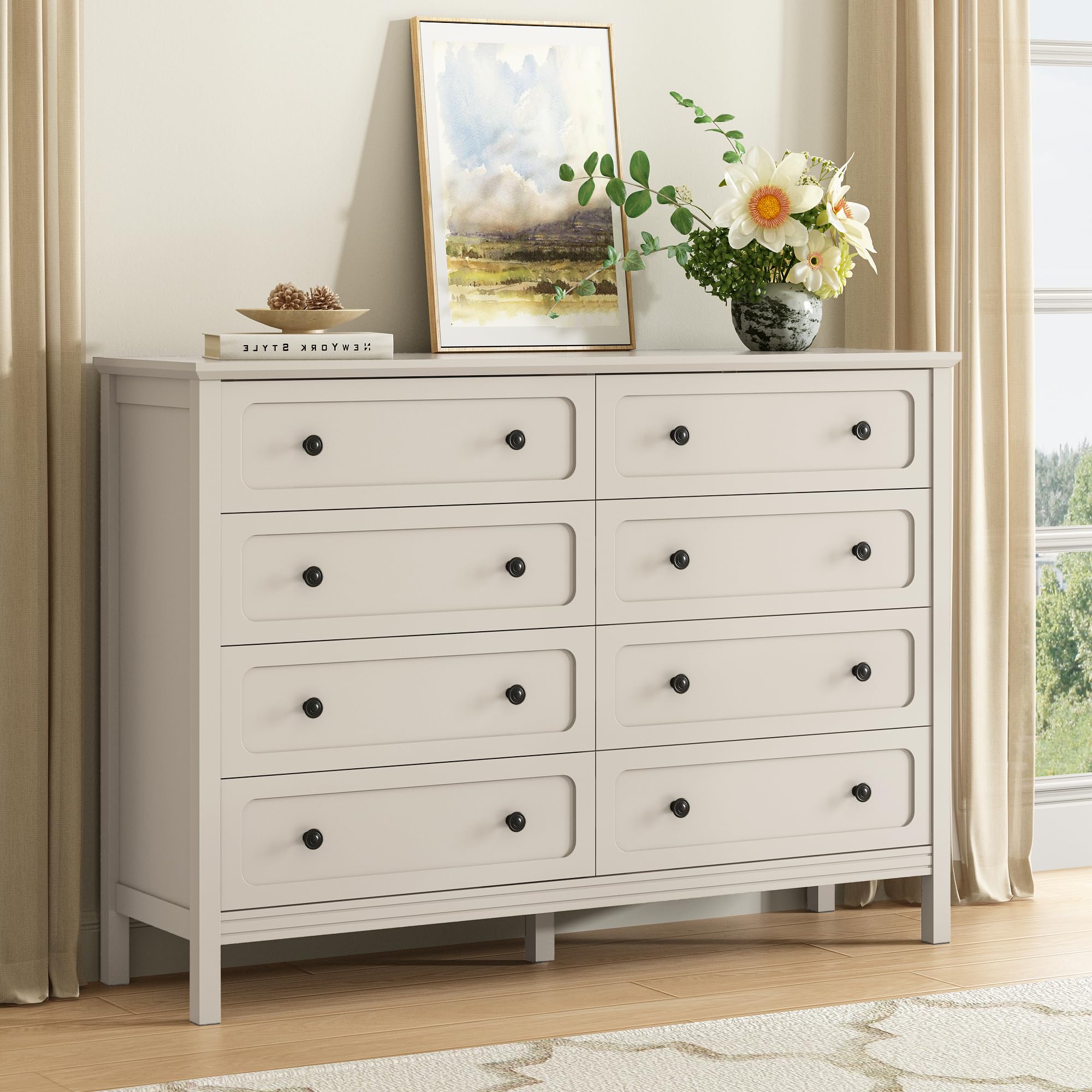 CARPETNAL Beige Dresser for Bedroom, 55" Wide 8 Drawer Dresser with Metal Handles and Deep Drawers, Modern Large Wood Chest of Drawers for Living Room, Hallway.