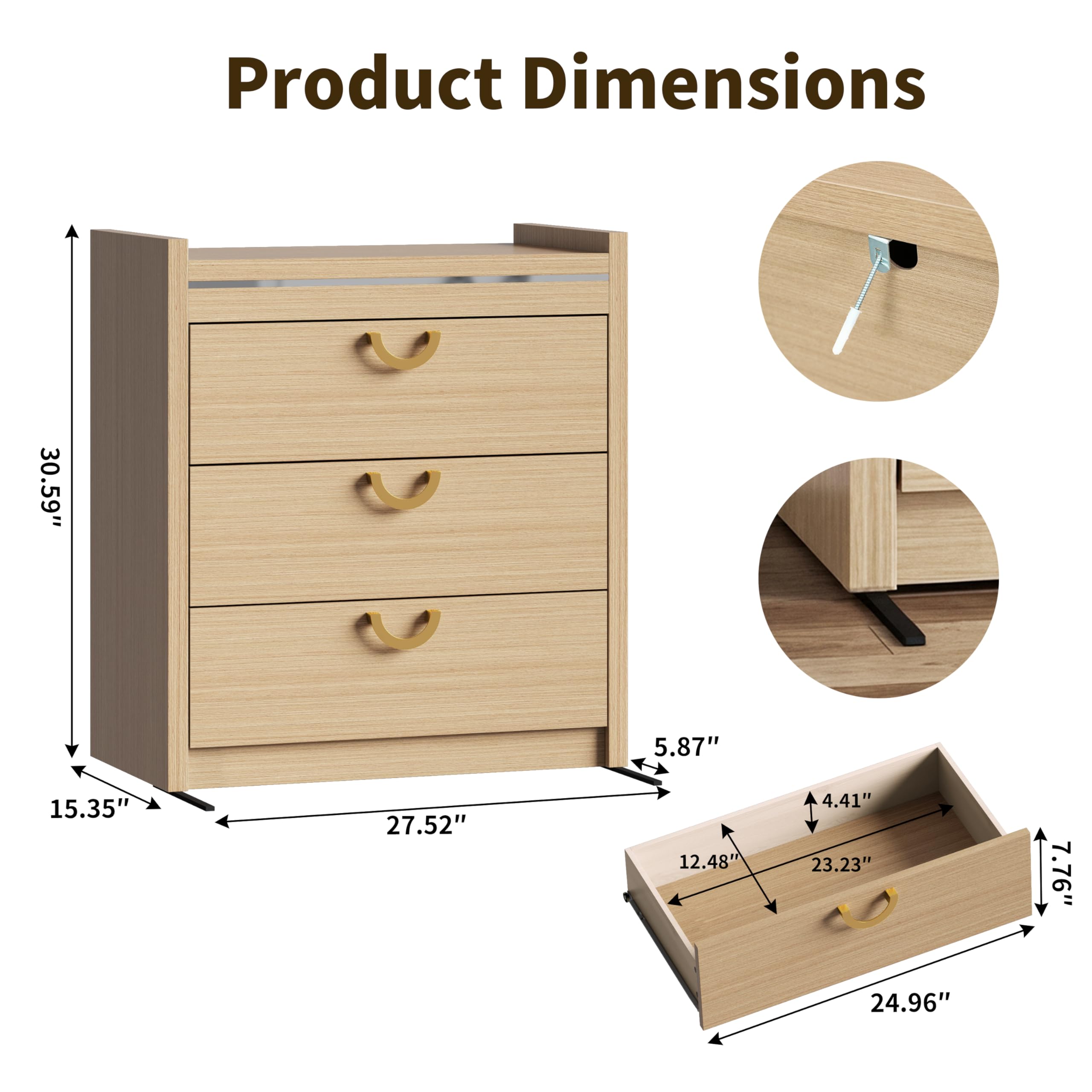 Oak Chest of Drawers with Gold Handles