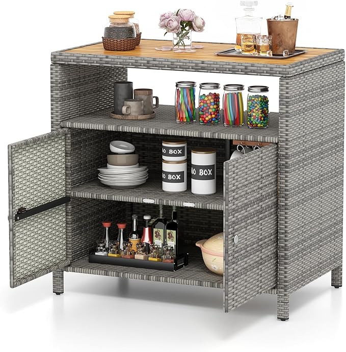 Rattan Outdoor Storage Cabinet with Acacia Wood Top