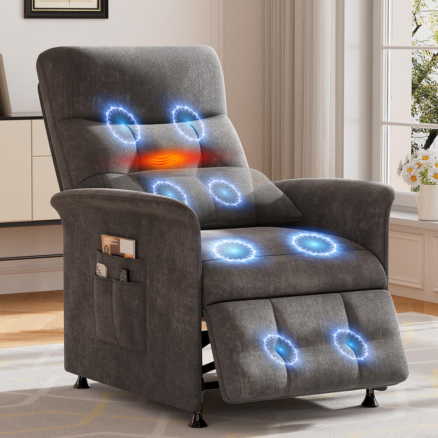 LegacyAmerhome Power Recliner Chair for Adults with Heat & Massage - Soft Fabric Electric Reclining Sofa with Remote Control, 180° Lay Sleeper 3 Side Pockets for Living Room Home Theater, Dark Grey